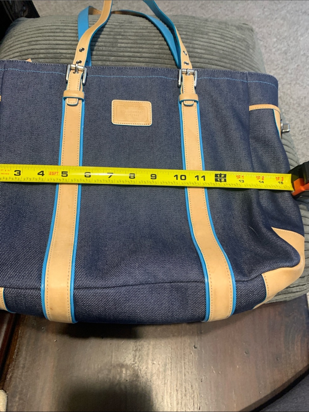 Coach Navy Canvas Tote with Tan Leather Straps and Teal Trim - Picture 7 of 8